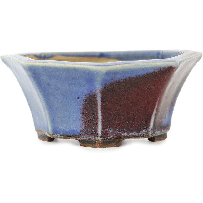 Octagonal red and blue bonsai pot by Heian Kosen - 120 x 120 x 50 mm