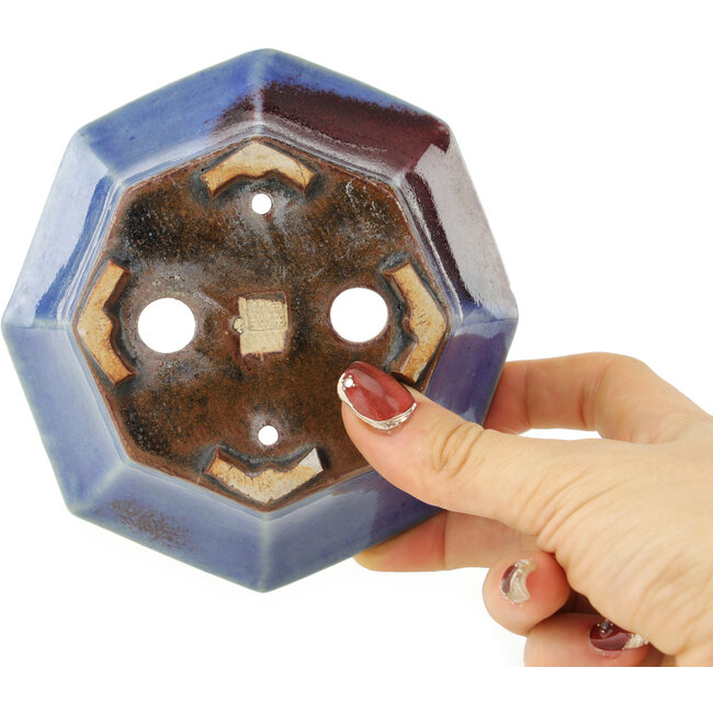 Octagonal red and blue bonsai pot by Heian Kosen - 120 x 120 x 50 mm