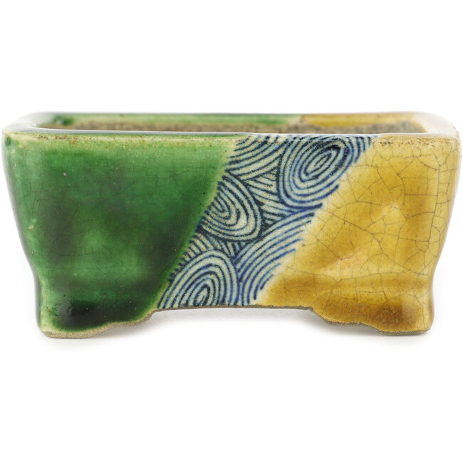 Rectangular green and yellow  bonsai pot by Terahata Satomi Mazan - 87 x 65 x 37 mm