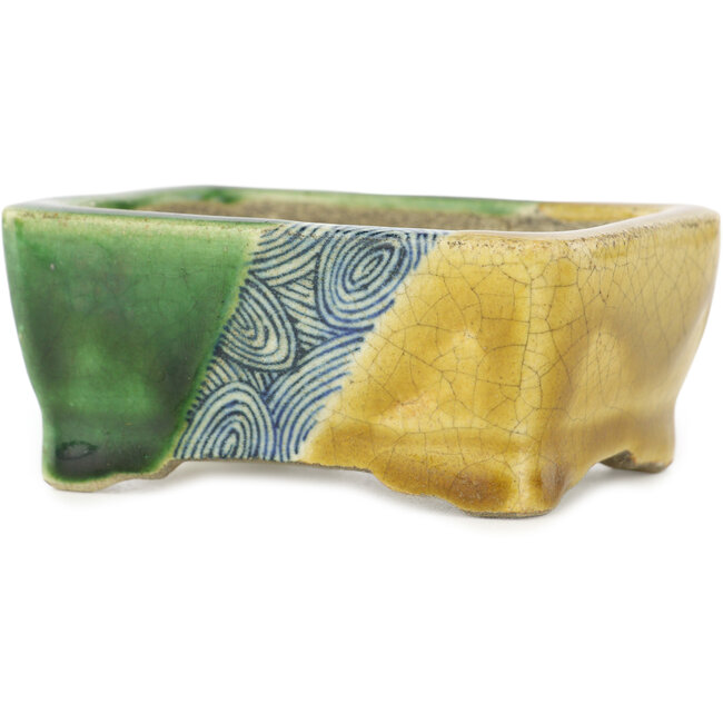 Maceta rectangular para bonsái verde y amarilla de Terahata Satomi Mazan - 87 x 65 x 37 mm