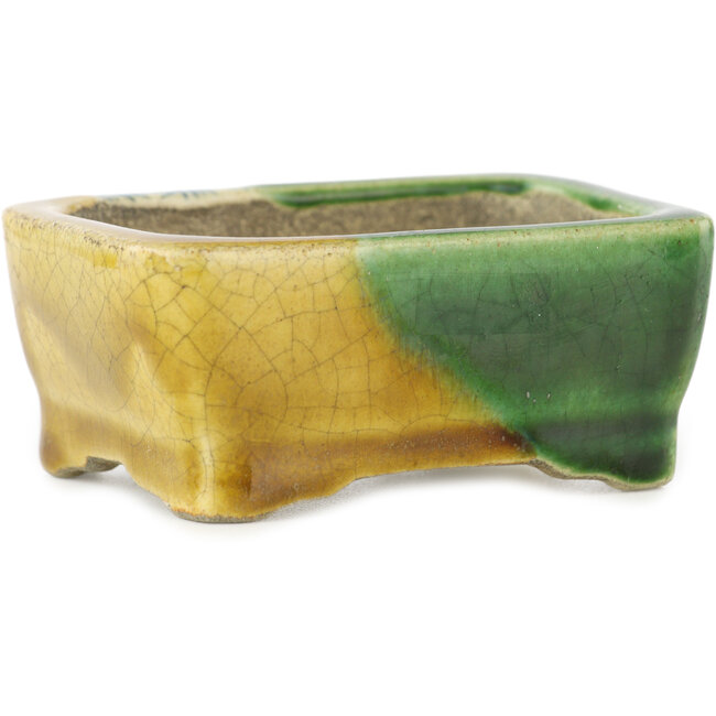 Rechthoekige groen en gele bonsaipot van Terahata Satomi Mazan - 87 x 65 x 37 mm