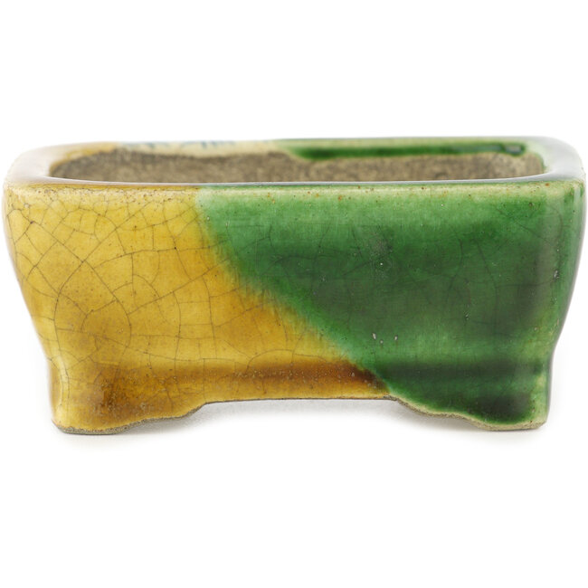 Maceta rectangular para bonsái verde y amarilla de Terahata Satomi Mazan - 87 x 65 x 37 mm