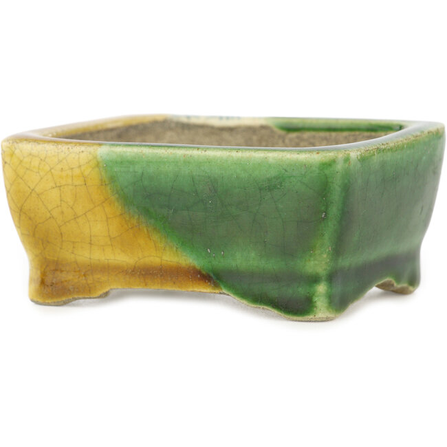 Rechthoekige groen en gele bonsaipot van Terahata Satomi Mazan - 87 x 65 x 37 mm