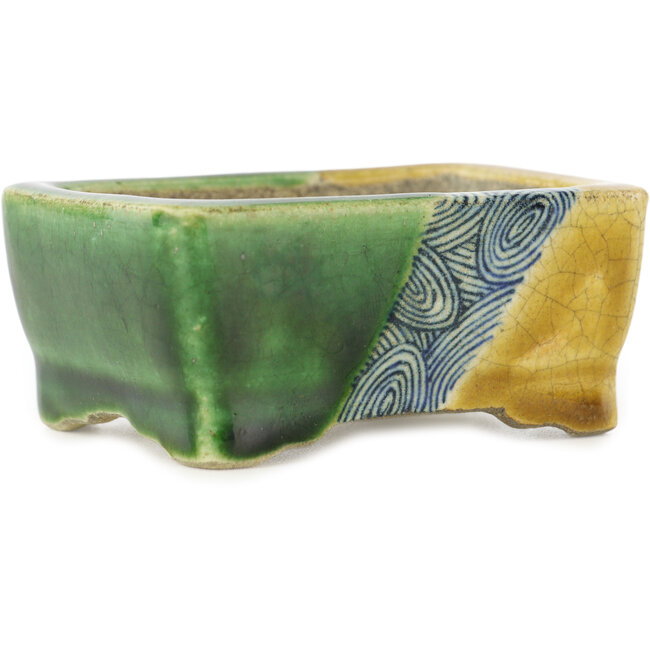 Rechthoekige groen en gele bonsaipot van Terahata Satomi Mazan - 87 x 65 x 37 mm