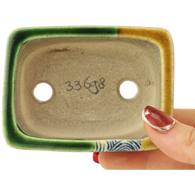 Rechthoekige groen en gele bonsaipot van Terahata Satomi Mazan - 87 x 65 x 37 mm