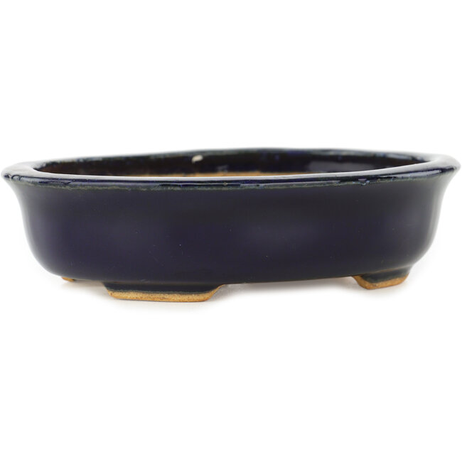 Oval dark blue bonsai pot by Hattori - 142 x 110 x 35 mm