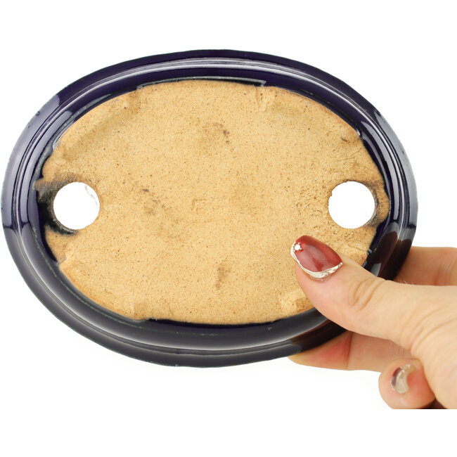 Ovale donkerblauwe bonsaipot van Hattori - 142 x 110 x 35 mm