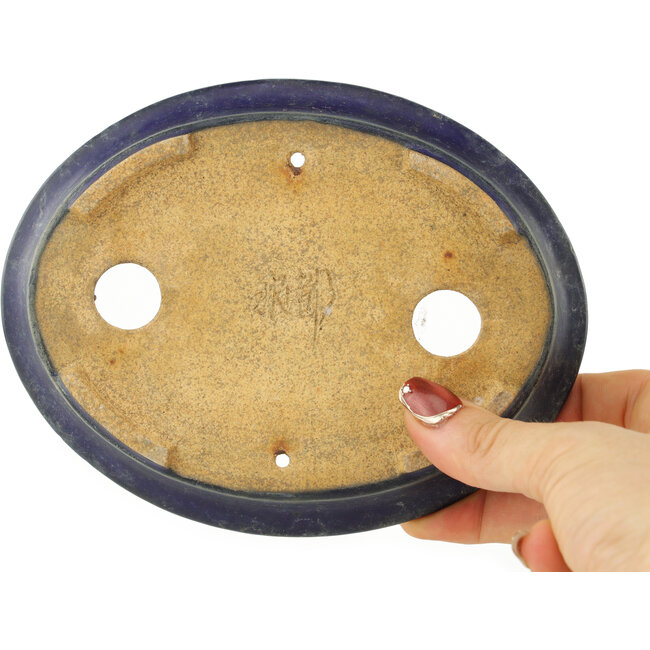 Oval dark blue bonsai pot by Hattori - 160 x 125 x 30 mm