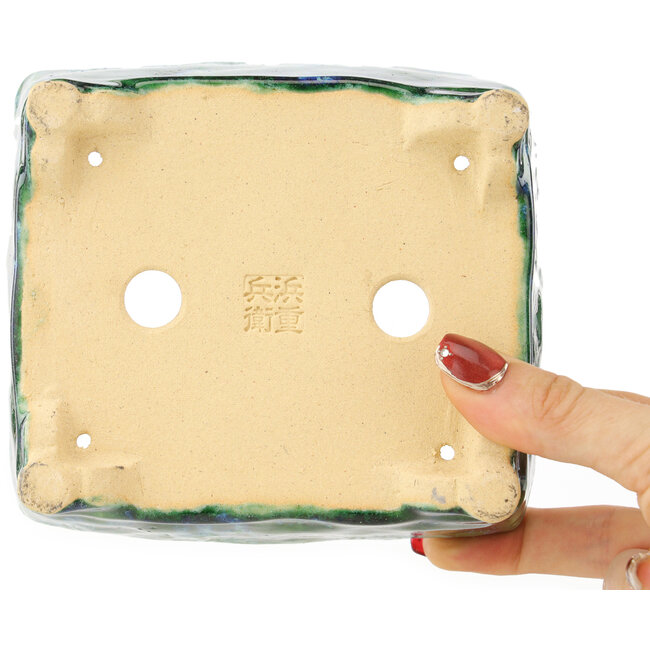 Pot à bonsaï rectangulaire vert et bleu de Hama Jube - 137 x 124 x 52 mm