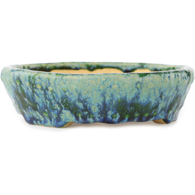 Round green and blue bonsai pot by Hama Jube - 157 x 157 x 47 mm