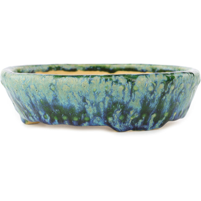 Round green and blue bonsai pot by Hama Jube - 157 x 157 x 47 mm