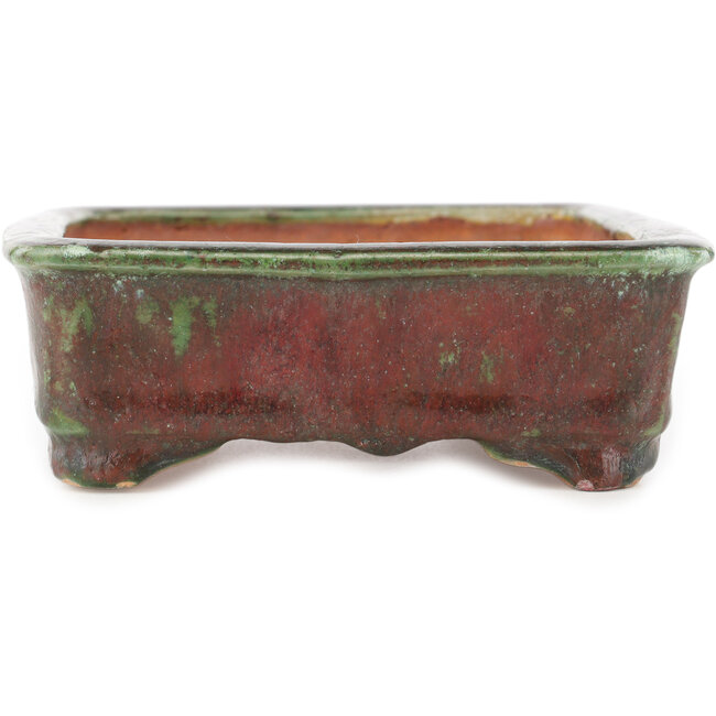 Rectangular red and green bonsai pot by Hama Jube - 162 x 140 x 47 mm