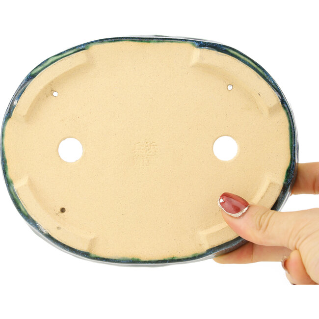 Pot à bonsaï ovale vert et bleu de Hama Jube - 170 x 130 x 25 mm