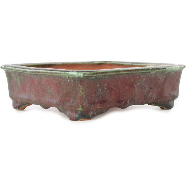 Rectangular red and green bonsai pot by Hama Jube - 162 x 140 x 47 mm