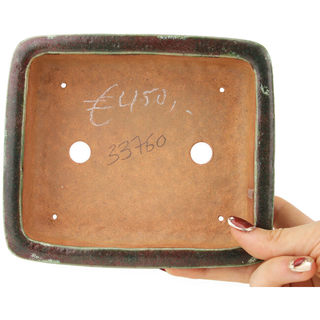 Rectangular red and green bonsai pot by Hama Jube - 162 x 140 x 47 mm