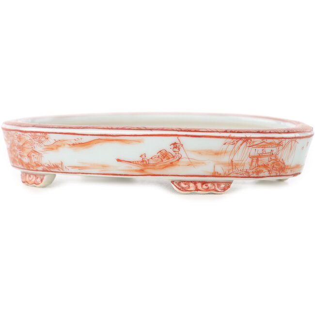Oval white and red  bonsai pot by Kutani - 102 x 81 x 20 mm