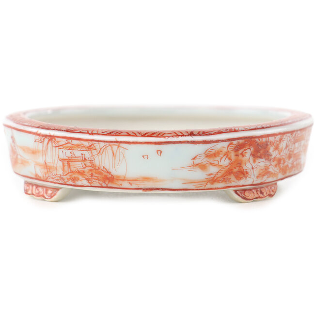 Oval white and red  bonsai pot by Kutani - 102 x 81 x 20 mm