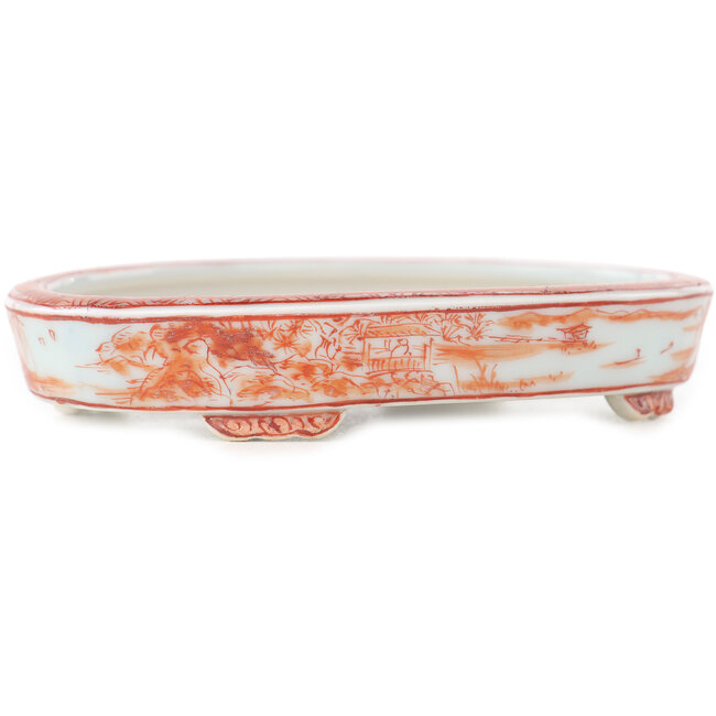 Oval white and red  bonsai pot by Kutani - 102 x 81 x 20 mm