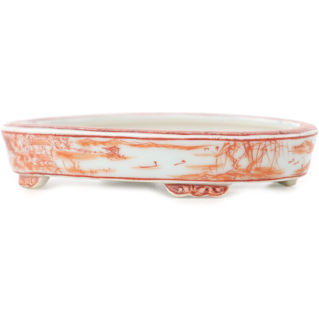 Pot à bonsaï ovale blanc et rouge de Kutani - 102 x 81 x 20 mm