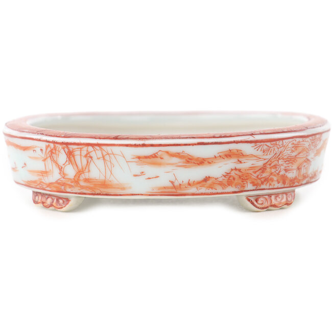 Oval white and red  bonsai pot by Kutani - 102 x 81 x 20 mm