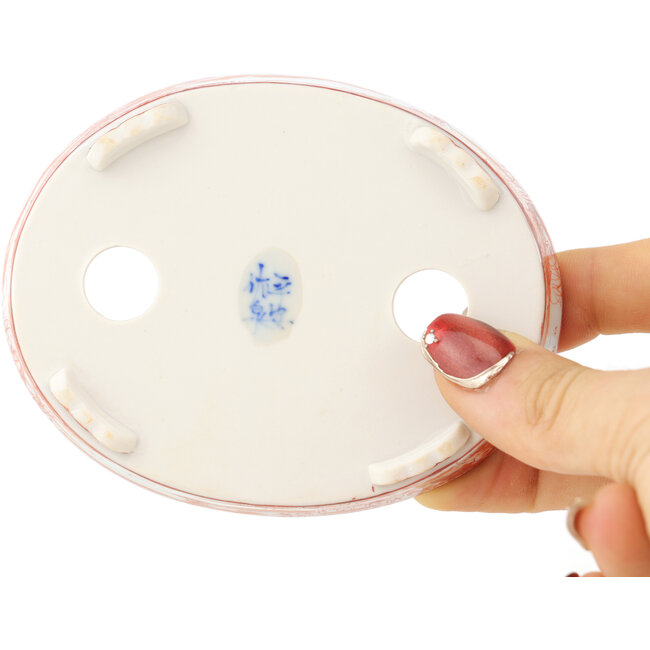 Oval white and red  bonsai pot by Kutani - 102 x 81 x 20 mm