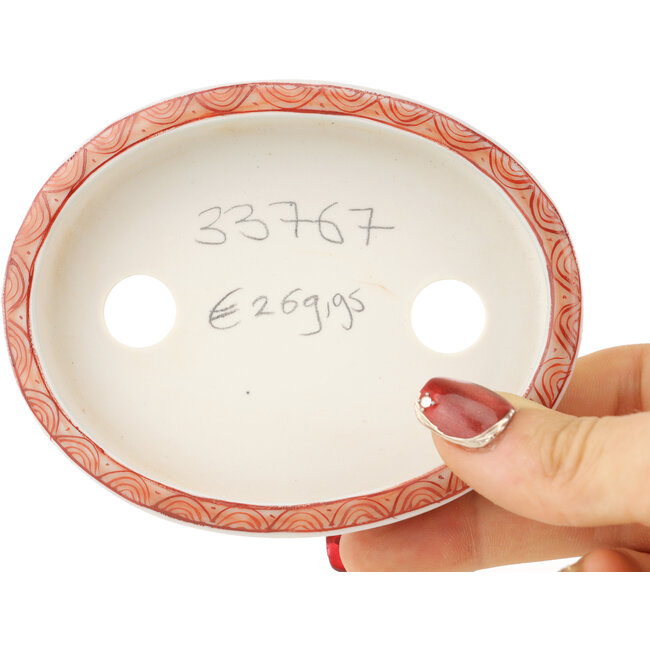 Ovale witte en rode bonsai pot van Kutani - 102 x 81 x 20 mm