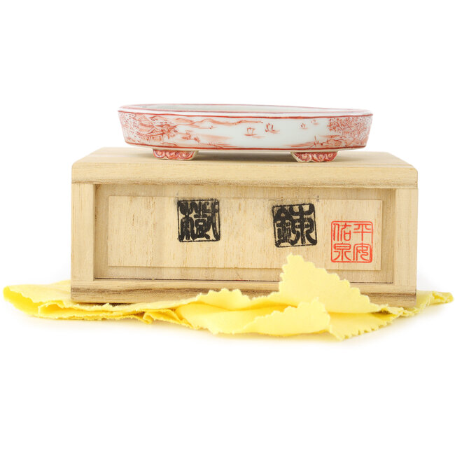 Ovaler weiß-roter Bonsai-Topf von Kutani - 102 x 81 x 20 mm