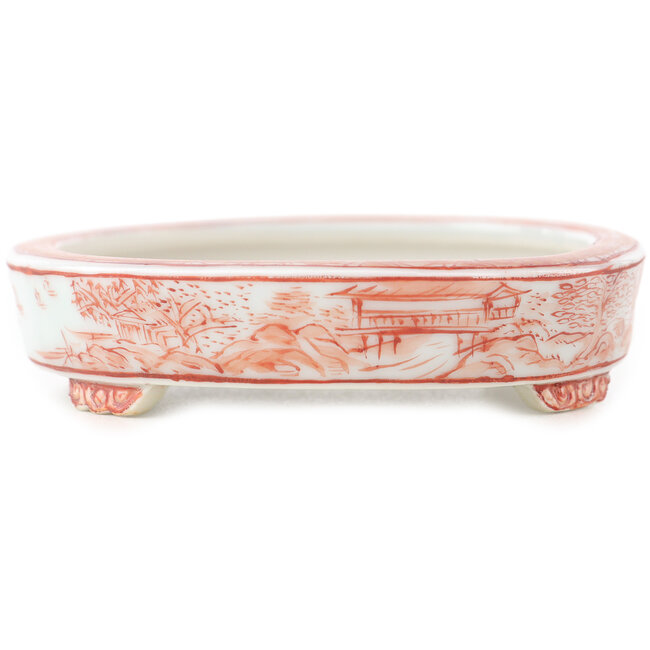 Ovale witte en rode bonsai pot van Kutani - 102 x 81 x 20 mm