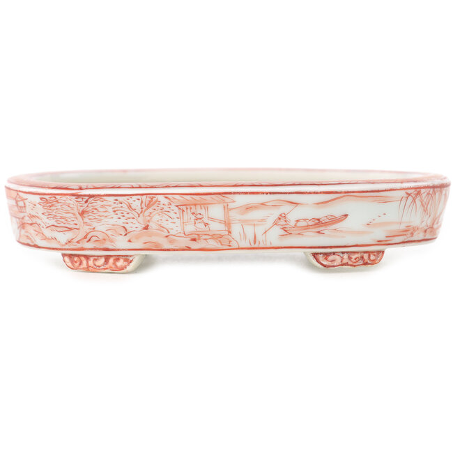 Pot à bonsaï ovale blanc et rouge de Kutani - 102 x 81 x 20 mm