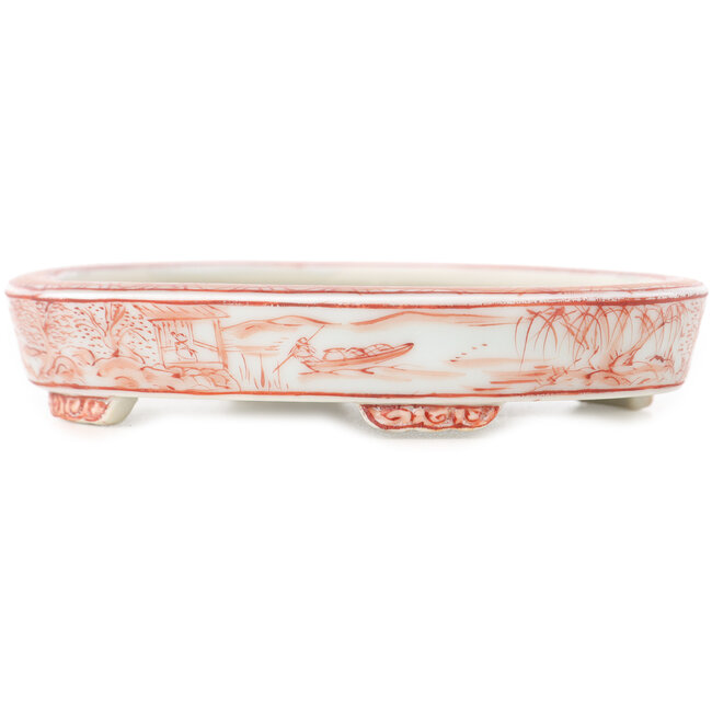 Ovale witte en rode bonsai pot van Kutani - 102 x 81 x 20 mm