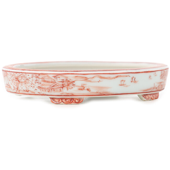 Oval white and red  bonsai pot by Kutani - 102 x 81 x 20 mm