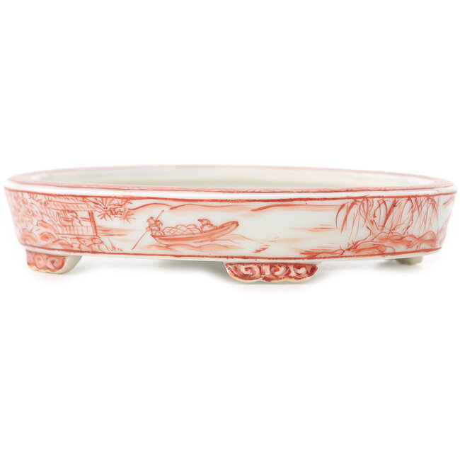 Oval white and red  bonsai pot by Kutani - 102 x 81 x 20 mm