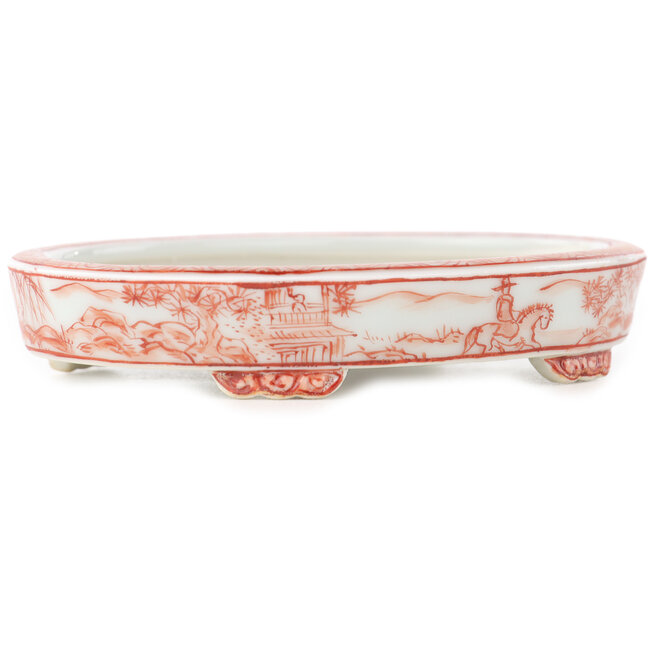 Oval white and red  bonsai pot by Kutani - 102 x 81 x 20 mm