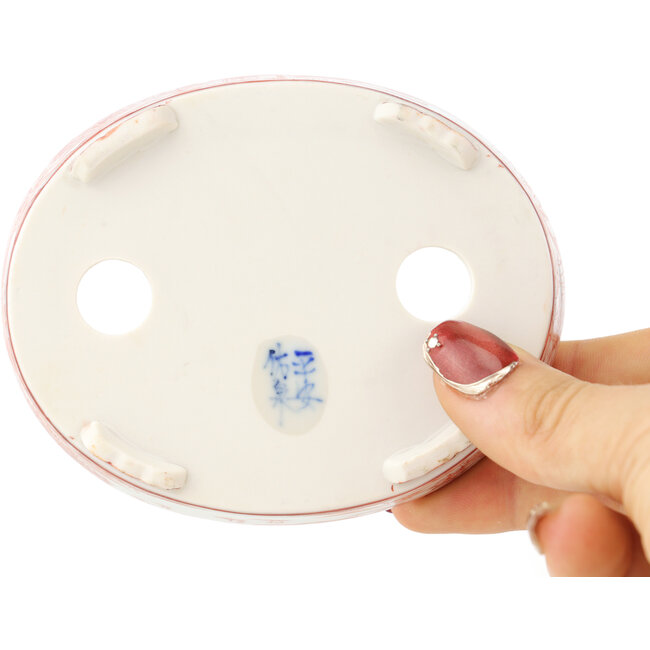 Ovale witte en rode bonsai pot van Kutani - 102 x 81 x 20 mm