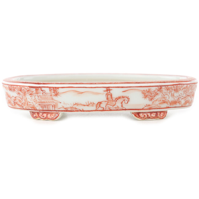 Ovale witte en rode bonsai pot van Kutani - 102 x 81 x 20 mm