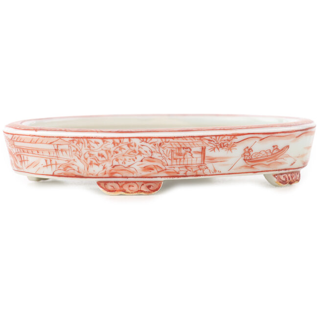 Oval white and red  bonsai pot by Kutani - 102 x 81 x 20 mm