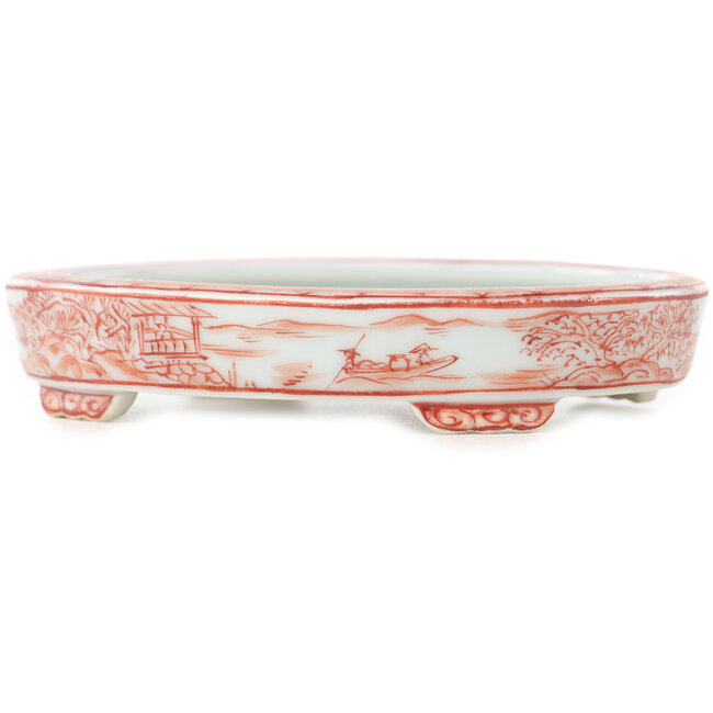 Pot à bonsaï ovale blanc et rouge de Kutani - 102 x 81 x 20 mm