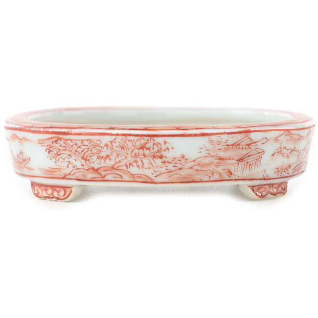 Pot à bonsaï ovale blanc et rouge de Kutani - 102 x 81 x 20 mm