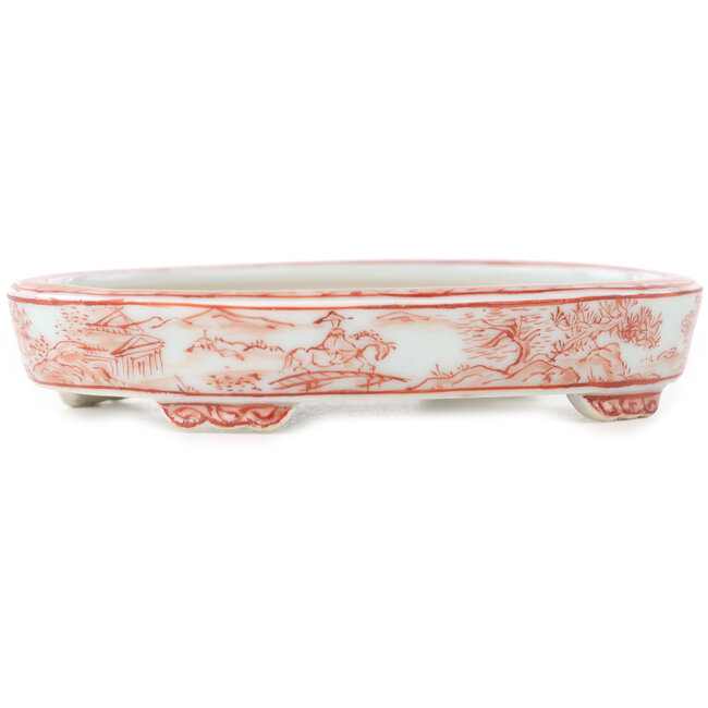 Vaso bonsai ovale bianco e rosso di Kutani - 102 x 81 x 20 mm