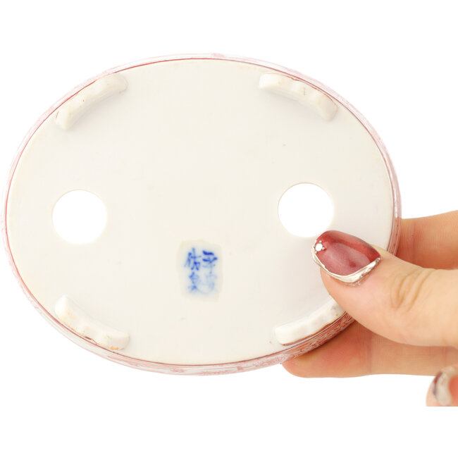 Pot à bonsaï ovale blanc et rouge de Kutani - 102 x 81 x 20 mm