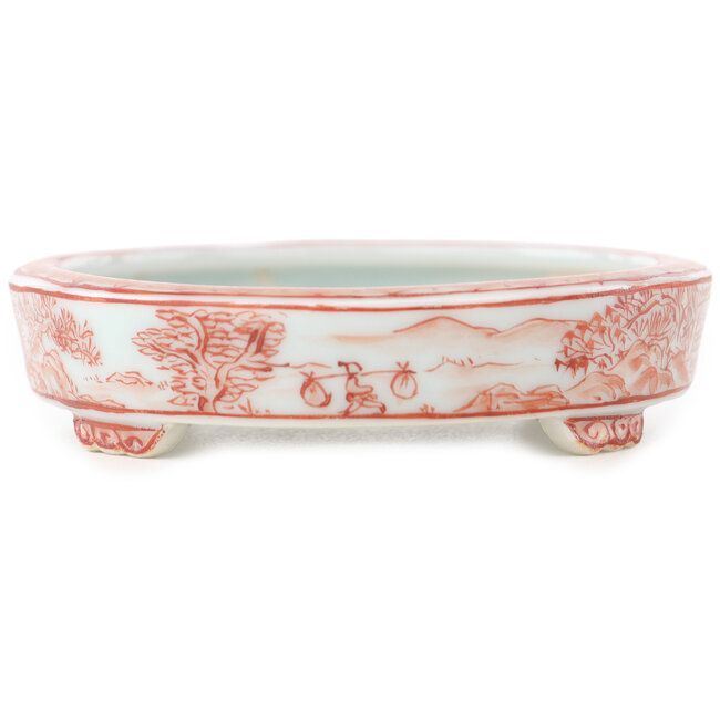 Oval white and red  bonsai pot by Kutani - 102 x 81 x 20 mm