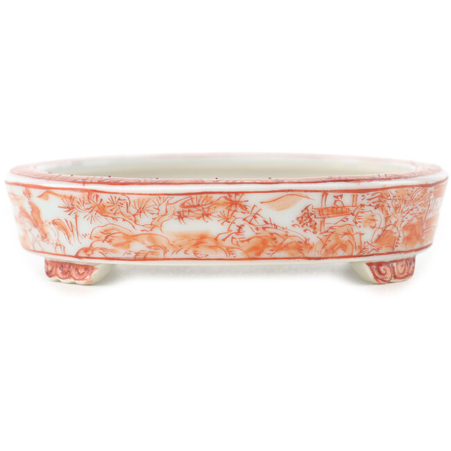 Vaso bonsai ovale bianco e rosso di Kutani - 102 x 81 x 20 mm