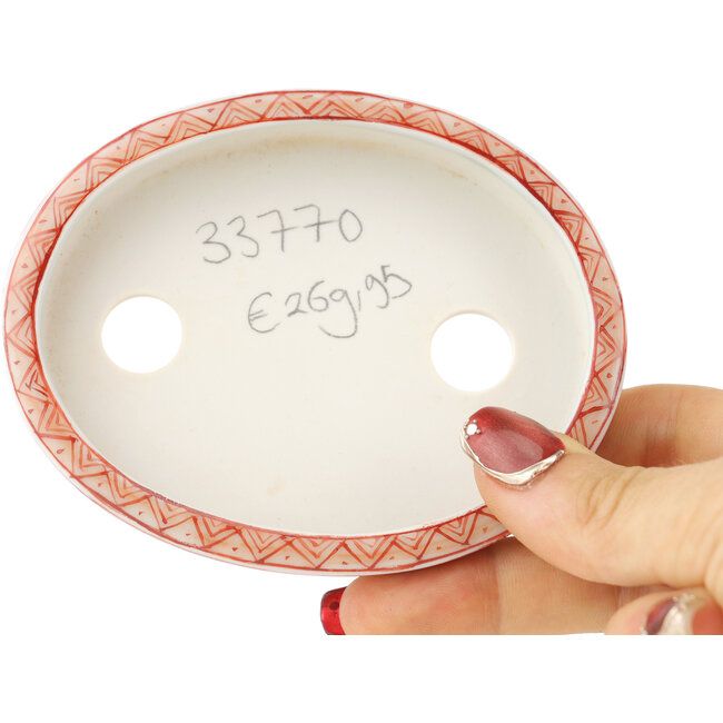Oval white and red  bonsai pot by Kutani - 102 x 81 x 20 mm