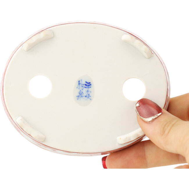 Vaso bonsai ovale bianco e rosso di Kutani - 102 x 81 x 20 mm