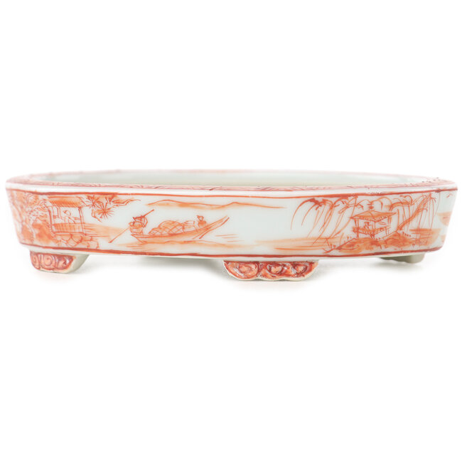 Vaso bonsai ovale bianco e rosso di Kutani - 102 x 81 x 20 mm