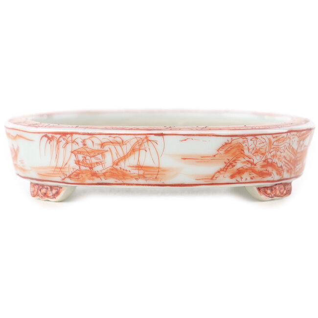 Ovale witte en rode bonsai pot van Kutani - 102 x 81 x 20 mm