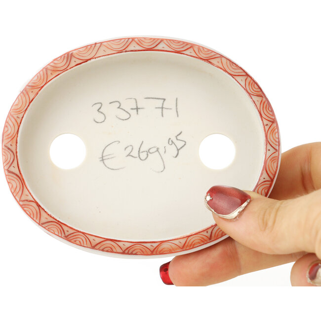 Oval white and red  bonsai pot by Kutani - 102 x 81 x 20 mm