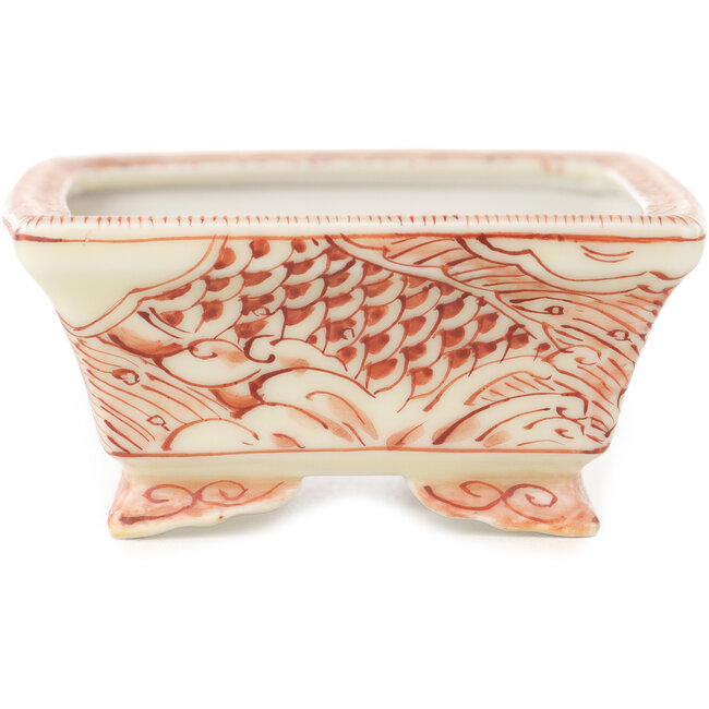Vaso bonsai rettangolare bianco e rosso di Kutani - 95 x 78 x 35 mm