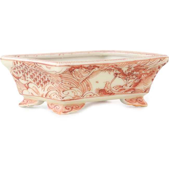 Rechthoekige witte en rode bonsai pot van Kutani - 95 x 78 x 35 mm