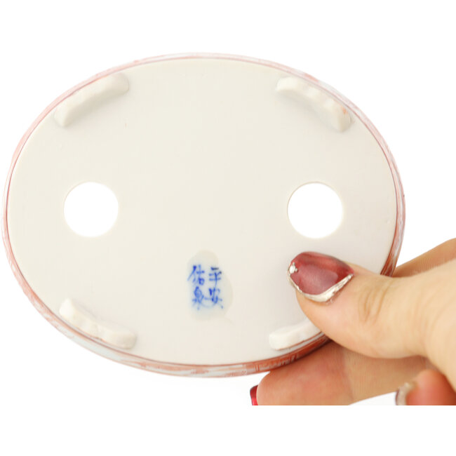 Pot à bonsaï ovale blanc et rouge de Kutani - 102 x 81 x 20 mm